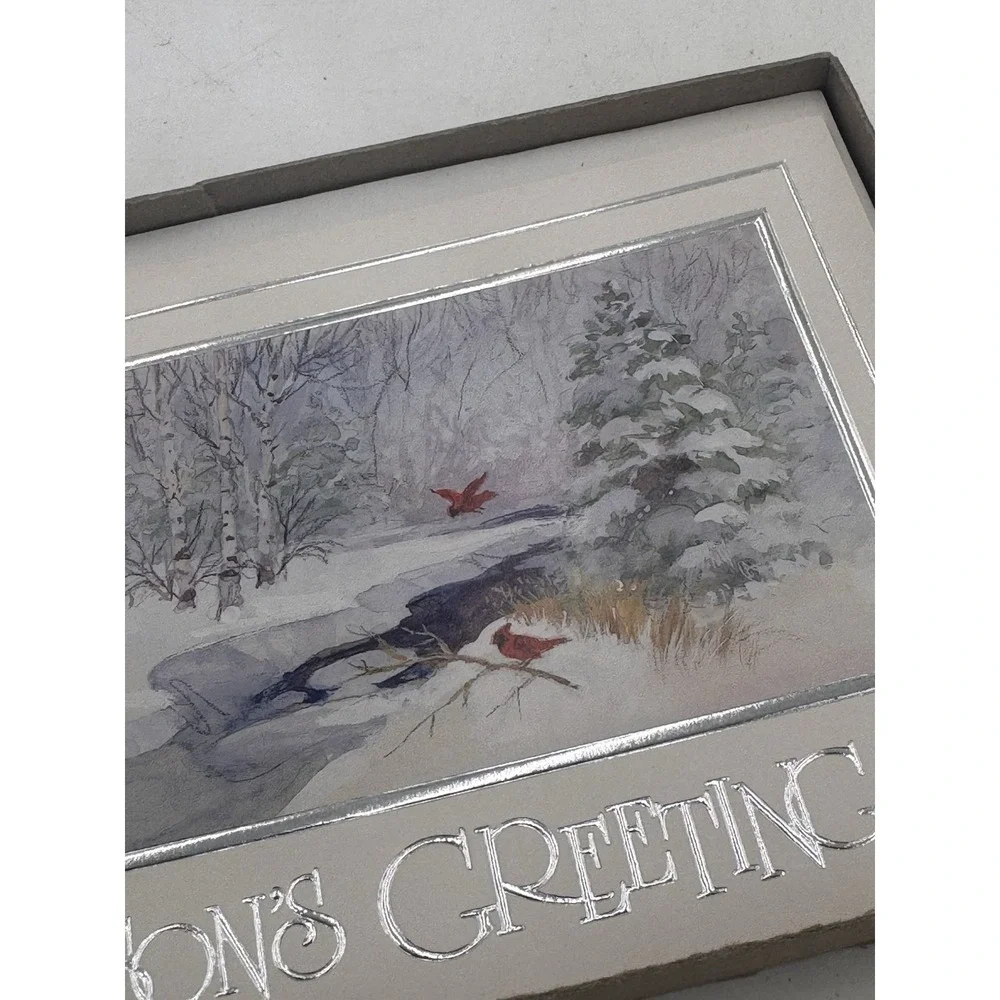 Vintage Christmas Greeting Cards Set Winter Scenes Cardinals Gold Foil Lot Of 10
